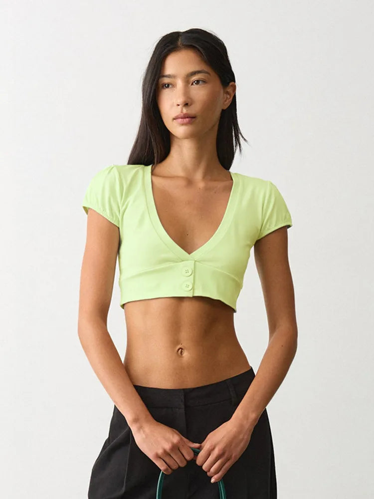 Ines Puff-Sleeve Button Crop Top
