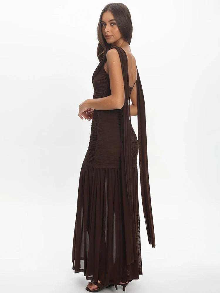 Ruth Cowl-Neck Mesh Maxi Dress