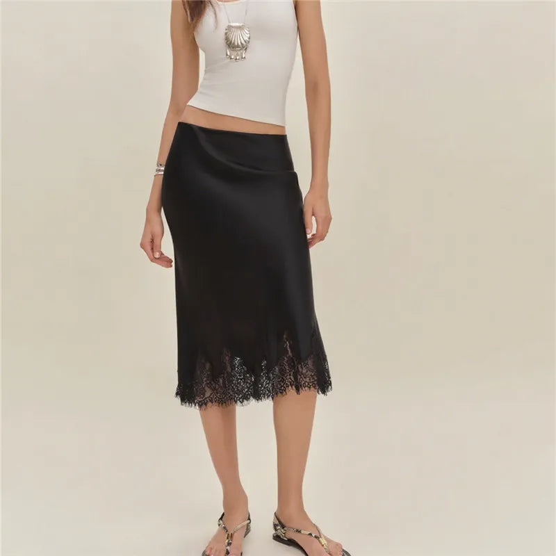 Stella Satin Lace-Trim Midi Skirt