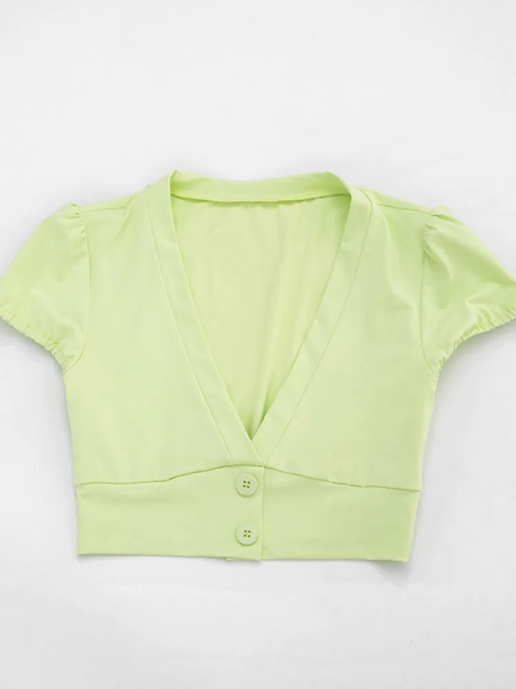 Ines Puff-Sleeve Button Crop Top