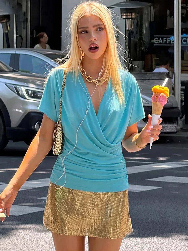 Lux Gathered V-Neck Top