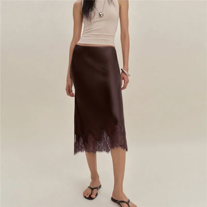 Stella Satin Lace-Trim Midi Skirt