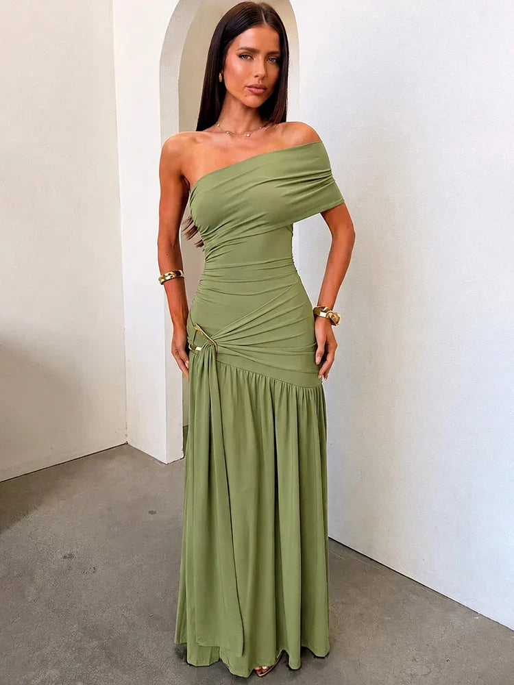 Pearl One-Shoulder Buckle Maxi Dress