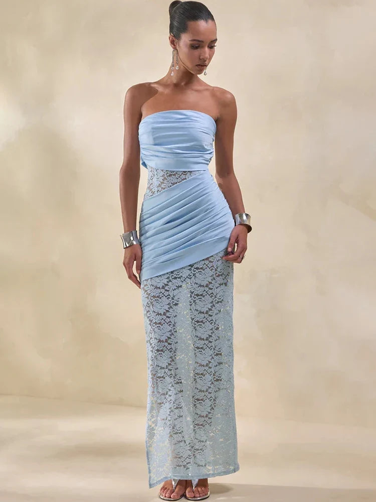 Nyla Strapless Satin Lace Maxi Dress