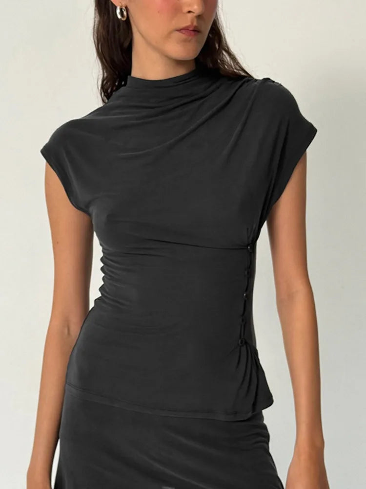 Kiki Button-Front Turtleneck Top