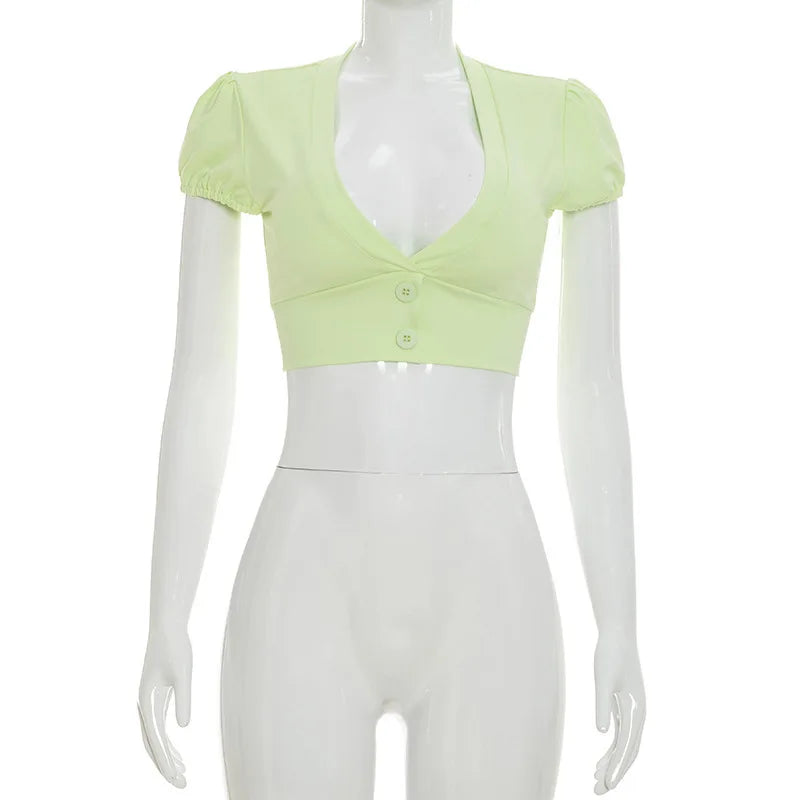 Ines Puff-Sleeve Button Crop Top