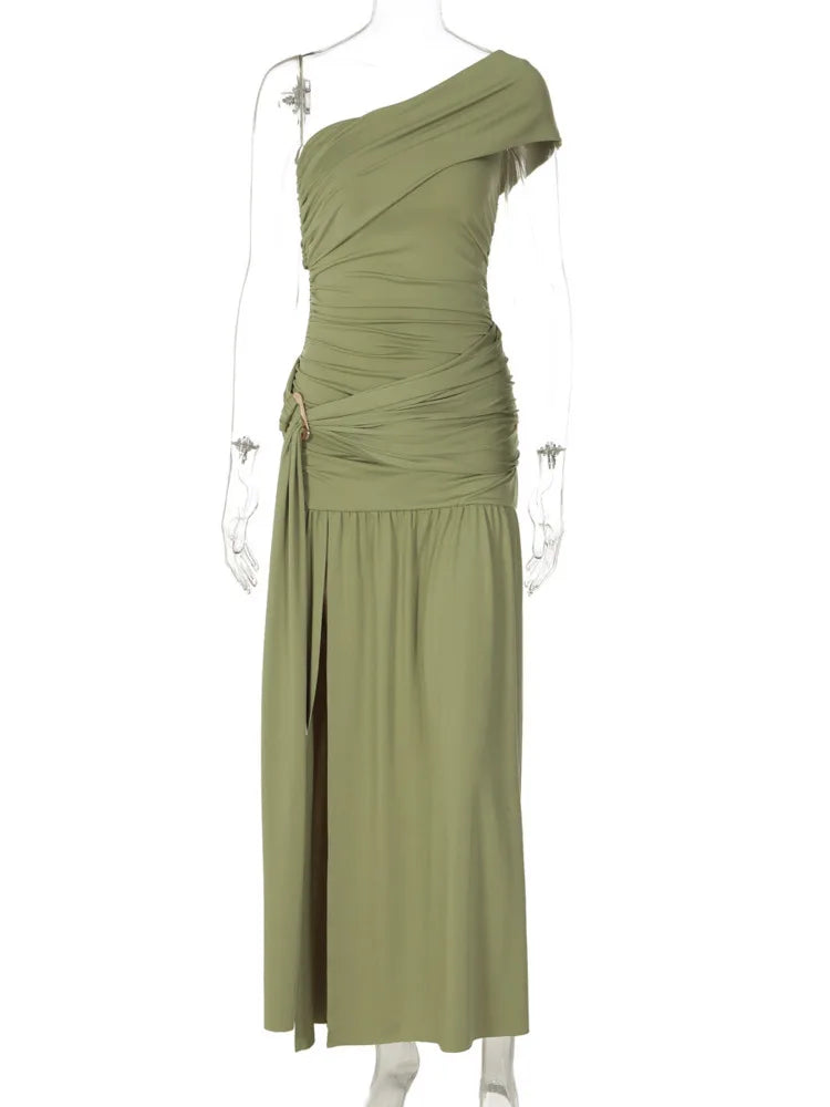 Pearl One-Shoulder Buckle Maxi Dress