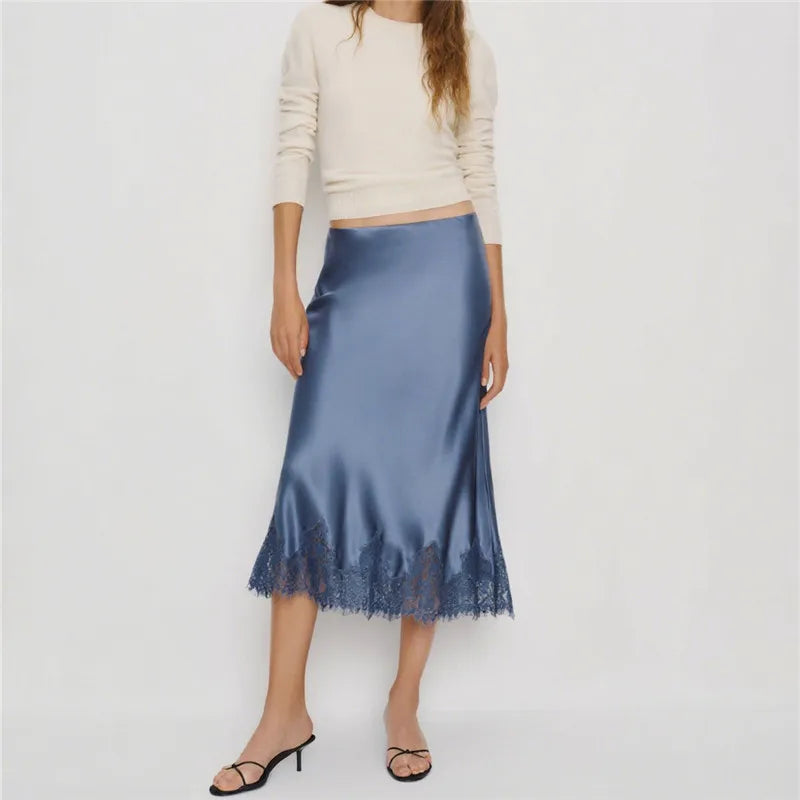 Stella Satin Lace-Trim Midi Skirt