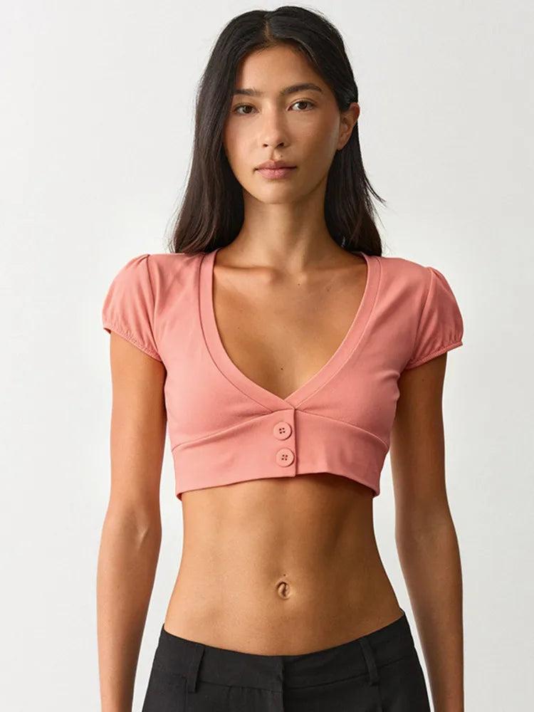 Ines Puff-Sleeve Button Crop Top
