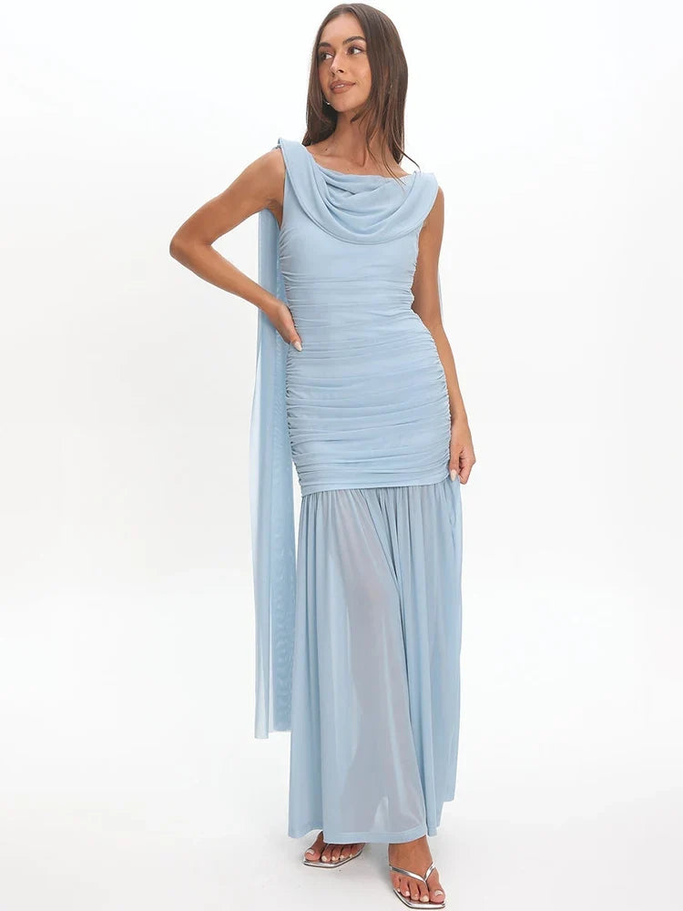 Ruth Cowl-Neck Mesh Maxi Dress