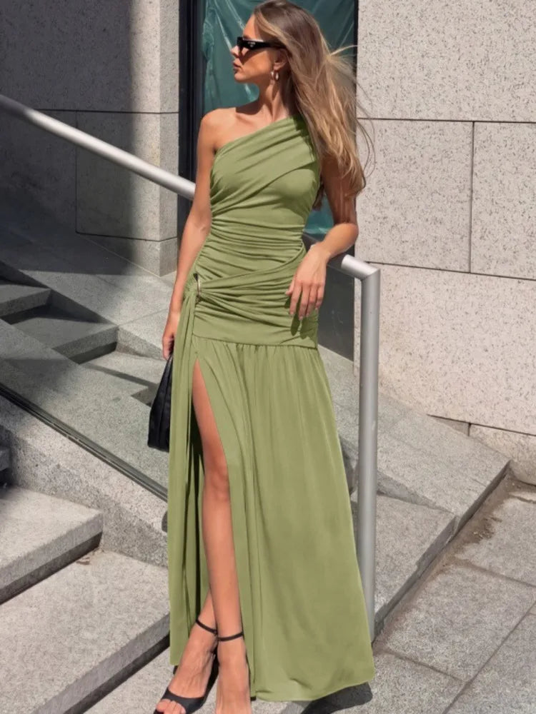 Pearl One-Shoulder Buckle Maxi Dress