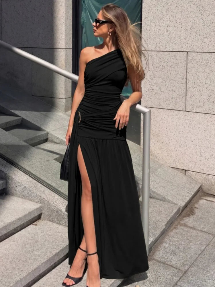 Pearl One-Shoulder Buckle Maxi Dress