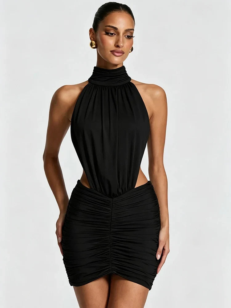 Sage High-Neck Cutout Mini Dress