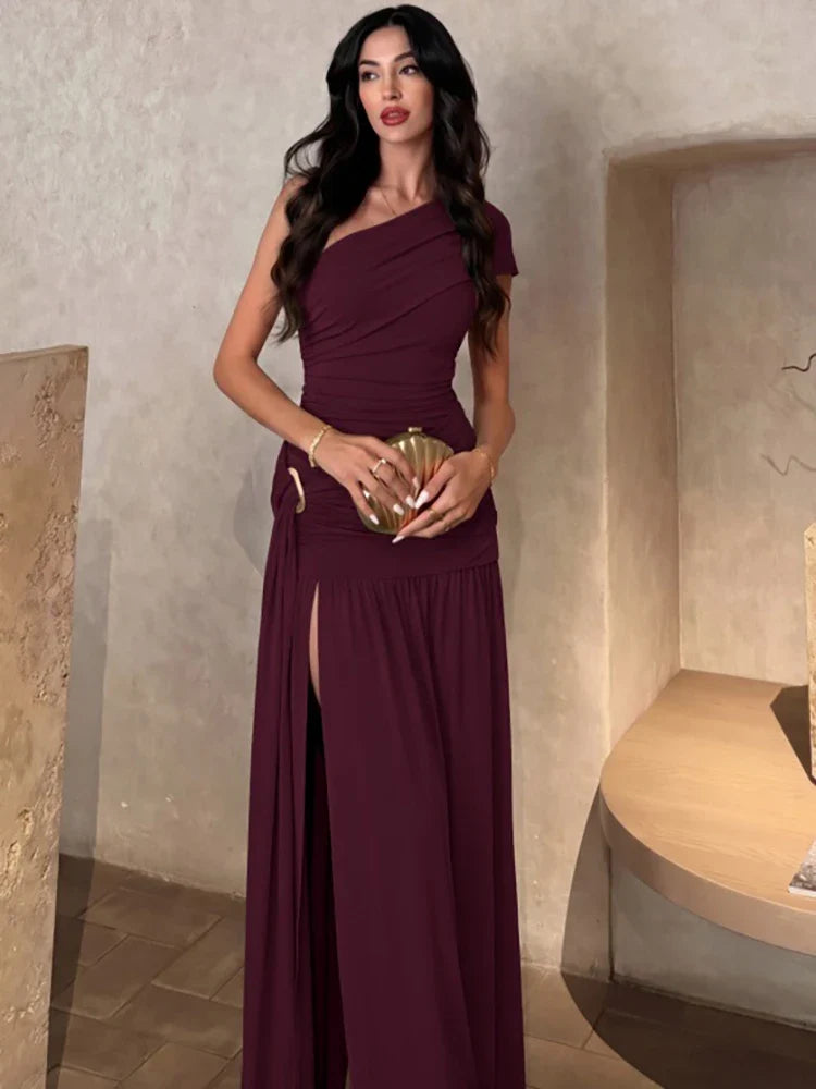 Pearl One-Shoulder Buckle Maxi Dress