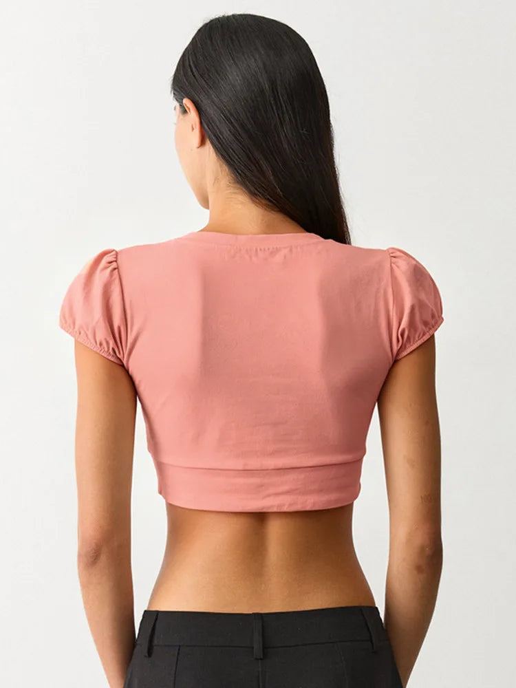 Ines Puff-Sleeve Button Crop Top