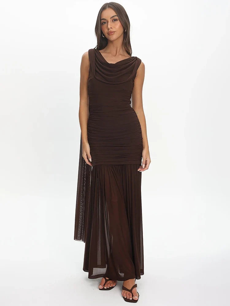 Ruth Cowl-Neck Mesh Maxi Dress