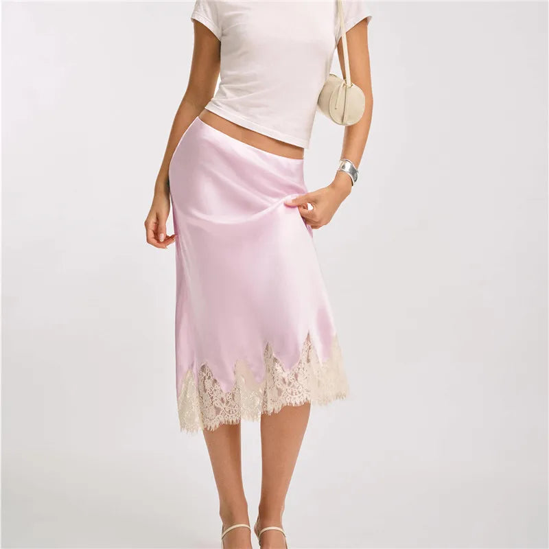 Stella Satin Lace-Trim Midi Skirt