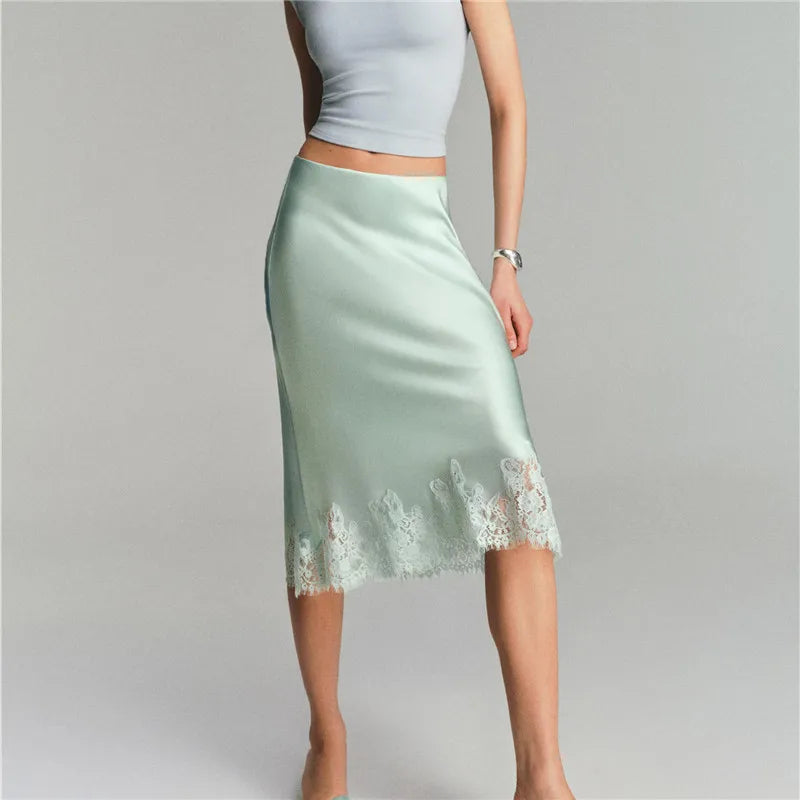 Stella Satin Lace-Trim Midi Skirt